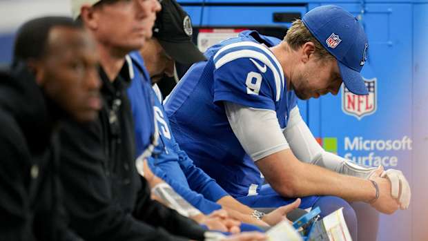 Indianapolis Colts quarterback Nick Foles (9) sits on the bench Monday, Dec. 26, 2022, during a game against the Los Angeles Chargers at Lucas Oil Stadium in Indianapolis.